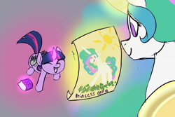 Size: 1280x853 | Tagged: safe, artist:veesocks, character:princess celestia, character:smarty pants, character:twilight sparkle, species:alicorn, species:pony, species:unicorn, 30 minute art challenge, cute, drawing, duo, female, filly, filly twilight sparkle, magic, momlestia, smiling, telekinesis, that pony sure does love celestia, twiabetes, younger