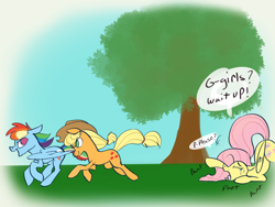 Size: 4000x3000 | Tagged: safe, artist:veesocks, character:applejack, character:fluttershy, character:rainbow dash, 30 minute art challenge, autumn, clothing, cute, cutie mark, hat, panting, pink mane, poor fluttershy, running, sweat, tree, wings