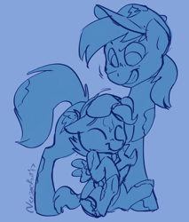 Size: 2550x3000 | Tagged: safe, artist:veesocks, character:rainbow dash, character:scootaloo, species:pegasus, species:pony, 30 minute art challenge, clothing, cute, dirty, eyes closed, grin, hat, petting, scootalove, sketch, smiling, wrench