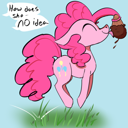 Size: 3000x3000 | Tagged: safe, artist:veesocks, character:pinkie pie, species:earth pony, species:pony, 30 minute art challenge, because, blue background, bouncing, chocolate, cute, cutie mark, dialogue, female, food, grass, how, ice cream, mare, offscreen character, pinkie being pinkie, pinkie physics, prehensile mane, pronking, simple background, speech bubble