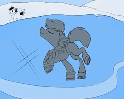 Size: 2500x2000 | Tagged: safe, artist:veesocks, oc, oc only, clothing, coat, commission, ice, ice skating, monochrome, scarf, sketch, smiling, snow, snow pony