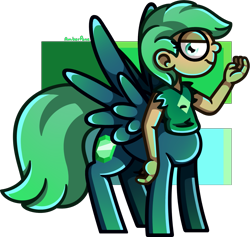 Size: 1339x1270 | Tagged: safe, artist:amberpone, oc, oc only, oc:emerald, species:centaur, species:pegasus, species:pony, adult, blue, blue eyes, cel shading, clothing, commission, cutie mark, digital art, emerald, equal sign, eyes open, female, fingers, gem, green, green hair, hooves, lighting, long tail, looking at you, mare, original character do not steal, paint tool sai, shading, shirt, short hair, simple background, smiling, solo, standing, tail, transparent background, weird, wings