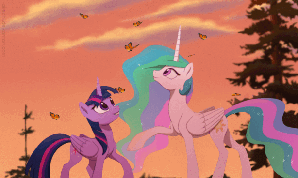 Size: 614x368 | Tagged: safe, artist:akeahi, artist:szafir87, character:princess celestia, character:twilight sparkle, character:twilight sparkle (alicorn), species:alicorn, species:pony, animated, blinking, butterfly, cinemagraph, female, gif, mare, monarch butterfly, raised hoof, smiling
