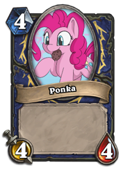 Size: 306x432 | Tagged: safe, artist:treekickerdraws, editor:luxuria, character:pinkie pie, species:earth pony, species:pony, blizzard entertainment, card, cookie, cute, diapinkes, female, food, hearthpwny, hearthstone, mare, mouth hold, raised hoof, smiling, solo, warcraft