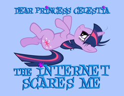 Size: 3300x2550 | Tagged: safe, artist:tygerbug, character:twilight sparkle, species:pony, species:unicorn, dear princess celestia, female, frown, high res, i'm so alone, mare, on back, solo, tara strong, va panel