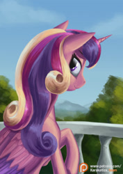 Size: 636x900 | Tagged: safe, artist:kirillk, character:princess cadance, species:alicorn, species:pony, balcony, female, looking back, mare, patreon, patreon logo, smiling, solo