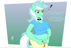 Size: 1000x682 | Tagged: safe, artist:duragan, character:lyra heartstrings, species:anthro, belly button, chubby, clothing, digital art, fat, grumpy, implied bon bon, irritated, jewelry, lard-ra heartstrings, lyra feedee, lyra is not amused, necklace, need to go on a diet, need to lose weight, pants, plump, pudgy, squeezing, the most fattening time of the year, tight clothing, tight fit, too fat, too fat to fit, unamused, wardrobe malfunction, weight gain