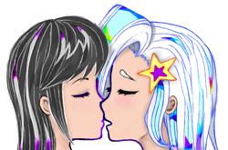 Size: 2155x1419 | Tagged: safe, artist:starwantrix, character:octavia melody, character:trixie, my little pony:equestria girls, blushing, colored, colorful, cute, diatrixes, digital art, female, kissing, lesbian, shipping, simple background, transparent background, trixtavia