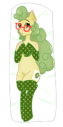 Size: 2000x4000 | Tagged: safe, artist:kiwiscribbles, oc, oc only, oc:kiwi scribbles, species:earth pony, species:pony, body pillow, body pillow design, clothing, ear freckles, female, freckles, glasses, mare, polka dots, semi-anthro, shoulder freckles, simple background, socks, solo, thigh highs, transparent background