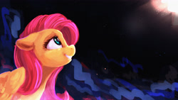 Size: 4800x2700 | Tagged: safe, artist:thefloatingtree, character:fluttershy, species:pegasus, species:pony, bust, female, floppy ears, looking up, mare, night, profile, sky, smiling, solo, stargazing, stars