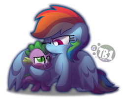 Size: 3497x2833 | Tagged: safe, artist:bubbly-storm, character:rainbow dash, character:spike, species:dragon, duo, hug, one eye closed, simple background, spikelove, transparent background, winghug, wink