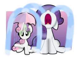 Size: 1024x782 | Tagged: safe, artist:bubbly-storm, character:rarity, character:sweetie belle, crying, drama queen, female, marshmelodrama, nose in the air, ocular gushers, simple background, sisters, sweetie belle's magic brings a great big smile, transparent background, umbrella, uvula