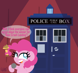 Size: 2239x2111 | Tagged: safe, artist:bubbly-storm, character:pinkie pie, doctor who, microphone, prehensile mane, tardis