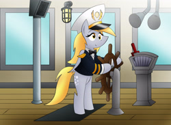 Size: 3480x2550 | Tagged: safe, artist:poseidonathenea, character:derpy hooves, clothing, cruise ship, helm, navigation, sailor, this will not end well, uniform, wheel
