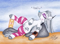 Size: 2563x1870 | Tagged: safe, artist:thechrispony, oc, oc only, oc:crystal eclair, species:pony, fallout equestria, blushing, chest fluff, clothing, cyborg, fallout equestria: influx, female, mare, pipbuck, sleeping, socks, solo, stand-by, striped socks, terminator, traditional art