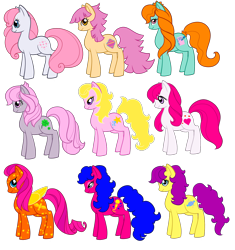 Size: 1428x1520 | Tagged: safe, artist:sakuyamon, character:bon bon (g1), character:bright eyes, character:clover (g1), character:melody, character:patch (g1), character:starlight (g1), character:sundance, character:sweetheart, species:pony, g1, my little pony tales, g1 to g4, generation leap, simple background, transparent background
