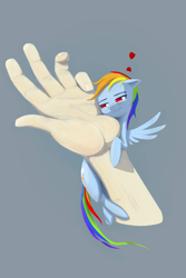 Size: 4000x6000 | Tagged: safe, artist:madgehog, character:rainbow dash, species:human, species:pegasus, species:pony, blushing, colored, cute, female, hand, love, mare, micro, spread wings, wings
