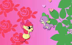 Size: 900x563 | Tagged: safe, artist:alicehumansacrifice0, character:apple bloom, character:spike, species:dragon, species:pony, ship:spikebloom, adorabloom, blank flank, cute, duo, female, filly, floating, flower, heart, heart eyes, male, plant, rose, shipping, simple background, smiling, straight, wallpaper, wingding eyes