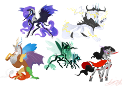 Size: 1700x1200 | Tagged: safe, artist:creeate97, character:discord, character:king sombra, character:nightmare moon, character:princess luna, character:queen chrysalis, character:storm king, species:alicorn, species:changeling, species:draconequus, species:pony, species:unicorn, my little pony: the movie (2017), armor, bat wings, canines, changeling queen, cloak, clothing, female, hybrid wings, male, mare, redesign, scales, simple background, smiling, stallion, storm creature, three eyes, whiskers, white background