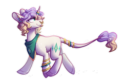 Size: 1024x655 | Tagged: safe, artist:crownedspade, oc, oc only, oc:ametrine crystal, species:classical unicorn, species:pony, species:unicorn, bracelet, cloven hooves, curved horn, ear piercing, female, floppy ears, horn jewelry, horn ring, jewelry, leonine tail, lidded eyes, looking back, mare, nose piercing, nose ring, piercing, simple background, smiling, solo, tail, tail jewelry, tail ring, transparent background, unshorn fetlocks