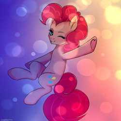 Size: 1024x1024 | Tagged: safe, artist:chickenbrony, character:pinkie pie, abstract background, female, one eye closed, smiling, solo, underhoof, wink