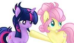 Size: 1024x602 | Tagged: safe, artist:xxmelody-scribblexx, base used, character:fluttershy, character:twilight sparkle, character:twilight sparkle (unicorn), species:earth pony, species:pegasus, species:pony, species:unicorn, g4, alternate hairstyle, alternate universe, duo, earth pony fluttershy, simple background, transparent background