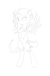 Size: 4000x6000 | Tagged: safe, artist:madgehog, character:fluttershy, species:pegasus, species:pony, belly, belly button, black and white, blushing, clothing, dressup, female, grayscale, lace, lineart, looking at you, mare, monochrome, open mouth, pinup, socks, solo, spread wings, wingboner, wings
