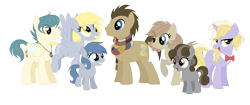 Size: 1344x563 | Tagged: safe, artist:thepegasisterpony, character:derpy hooves, character:dinky hooves, character:doctor whooves, character:time turner, oc, oc:ocean ace, oc:praline, oc:whistle wings, parent:derpy hooves, parent:doctor whooves, parent:feather bangs, parents:doctorderpy, unnamed oc, species:earth pony, species:pegasus, species:pony, species:unicorn, ship:doctorderpy, bow tie, clothing, female, filly, half-siblings, male, offspring, older, scarf, shipping, simple background, stallion, straight, transparent background