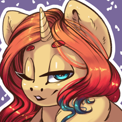 Size: 1340x1340 | Tagged: safe, artist:amishy, oc, oc only, oc:sheron, species:pony, beanbrows, eyebrows, lidded eyes, one eye closed, seductive wink, smiling, solo, wink