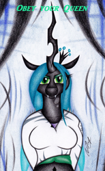 Size: 1430x2314 | Tagged: safe, artist:thechrispony, character:queen chrysalis, species:anthro, bedroom eyes, clothing, fangs, looking at you, traditional art