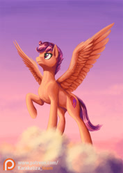 Size: 636x900 | Tagged: safe, artist:kirillk, character:scootaloo, species:pegasus, species:pony, female, mare, older, older scootaloo, patreon, patreon logo, raised hoof, solo, wings
