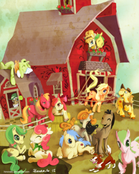 Size: 840x1050 | Tagged: safe, artist:hinoraito, character:apple bloom, character:apple bumpkin, character:apple fritter, character:apple strudel, character:applejack, character:aunt orange, character:big mcintosh, character:braeburn, character:caramel apple, character:golden delicious, character:granny smith, character:red delicious, character:red gala, character:uncle orange, character:winona, species:earth pony, species:pony, apple family, apple family member, barn, female, lasso, male, mare, stallion, sweet apple acres, the oranges, unshorn fetlocks