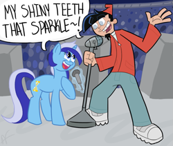Size: 967x820 | Tagged: safe, artist:hamflo, character:minuette, chip skylark, concert, crossover, dialogue, magic, microphone, my shiny teeth and me, singing, stage, teeth, telekinesis, the fairly oddparents
