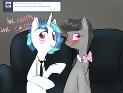 Size: 1280x960 | Tagged: safe, artist:rflzqt, character:dj pon-3, character:octavia melody, character:vinyl scratch, species:earth pony, species:pony, species:unicorn, ship:scratchtavia, ask, blushing, bow tie, couch, dialogue, female, lesbian, looking at you, mare, necktie, shipping, sitting, tumblr, vinyl and octavia in romance