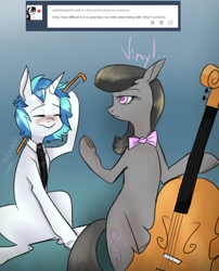 Size: 1050x1300 | Tagged: safe, artist:rflzqt, character:dj pon-3, character:octavia melody, character:vinyl scratch, species:earth pony, species:pony, species:unicorn, ship:scratchtavia, ask, bipedal, blushing, bow (instrument), bow tie, cello, cello bow, dialogue, eyes closed, female, gradient background, lesbian, mare, musical instrument, necktie, scratching, shipping, sitting, smiling, tumblr, vinyl and octavia in romance