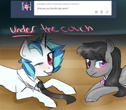 Size: 1200x1050 | Tagged: safe, artist:rflzqt, character:dj pon-3, character:octavia melody, character:vinyl scratch, species:earth pony, species:pony, species:unicorn, ship:scratchtavia, ask, blushing, bow tie, couch, dialogue, female, lesbian, looking at you, mare, necktie, one eye closed, shipping, tongue out, tumblr, vinyl and octavia in romance, wink