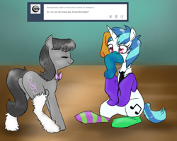Size: 1280x1024 | Tagged: safe, artist:rflzqt, character:dj pon-3, character:octavia melody, character:vinyl scratch, species:earth pony, species:pony, species:unicorn, ship:scratchtavia, ask, bow tie, clothing, female, lesbian, mare, necktie, shipping, smiling, socks, striped socks, tumblr, vinyl and octavia in romance