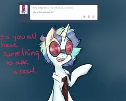 Size: 1280x1024 | Tagged: safe, artist:rflzqt, character:dj pon-3, character:vinyl scratch, species:pony, species:unicorn, ask, dialogue, female, glasses, mare, necktie, open mouth, raised hoof, solo, tumblr, vinyl and octavia in romance