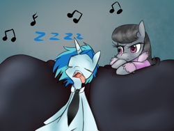 Size: 1024x768 | Tagged: safe, artist:rflzqt, character:dj pon-3, character:octavia melody, character:vinyl scratch, species:earth pony, species:pony, species:unicorn, ship:scratchtavia, ask, clothing, couch, eyes closed, female, lesbian, mare, music notes, necktie, open mouth, shipping, sleeping, tongue out, tumblr, vinyl and octavia in romance, zzz