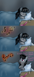 Size: 1280x2880 | Tagged: safe, artist:rflzqt, character:octavia melody, species:earth pony, species:pony, bed, dialogue, eyes closed, female, implied vinyl scratch, mare, music notes, pillow, sleeping, solo, vinyl and octavia in romance
