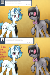Size: 1024x1536 | Tagged: safe, artist:rflzqt, character:dj pon-3, character:octavia melody, character:vinyl scratch, species:earth pony, species:pony, species:unicorn, ship:scratchtavia, ..., :3, :>, accessory swap, ask, bow tie, dialogue, female, lesbian, mare, necktie, raised eyebrow, raised hoof, shipping, smiling, tumblr, vinyl and octavia in romance