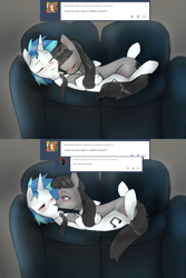 Size: 1280x1920 | Tagged: safe, artist:rflzqt, character:dj pon-3, character:octavia melody, character:vinyl scratch, species:earth pony, species:pony, species:unicorn, ship:scratchtavia, ask, blushing, couch, cuddling, cute, dawwww, eyes closed, female, kissing, lesbian, mare, necktie, one eye closed, shipping, smiling, tavibetes, tumblr, vinyl and octavia in romance, vinylbetes