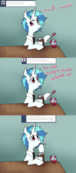 Size: 1280x2880 | Tagged: safe, artist:rflzqt, character:dj pon-3, character:vinyl scratch, species:pony, species:unicorn, ask, dialogue, female, looking at you, mare, necktie, solo, spoon, table, tumblr, vinyl and octavia in romance