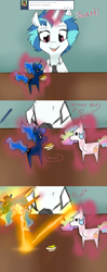 Size: 1280x3248 | Tagged: safe, artist:rflzqt, character:dj pon-3, character:princess celestia, character:princess luna, character:vinyl scratch, species:pony, species:unicorn, ask, bananalestia, dialogue, doll, female, glowing horn, magic, mare, necktie, smiling, telekinesis, toy, tumblr, vinyl and octavia in romance