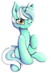 Size: 861x1216 | Tagged: safe, artist:hitbass, character:lyra heartstrings, species:pony, species:unicorn, blushing, chest fluff, cute, ear fluff, female, lyrabetes, mare, one eye closed, shoulder fluff, simple background, sitting, solo, transparent background
