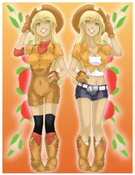 Size: 630x818 | Tagged: safe, artist:zoe-productions, character:applejack, belly button, humanized, midriff
