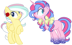 Size: 993x632 | Tagged: safe, artist:angelamusic13, base used, oc, oc only, parent:double diamond, parent:fluttershy, parent:pinkie pie, parent:princess luna, parents:doubleshy, parents:lunapie, species:pegasus, species:pony, species:unicorn, bow, female, flower, flower in hair, hair bow, magical lesbian spawn, mare, offspring, scrunchy face, simple background, transparent background