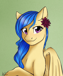 Size: 728x868 | Tagged: safe, artist:fairdahlia, oc, oc only, species:pegasus, species:pony, bust, female, flower, flower in hair, mare, portrait, smiling, solo