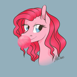 Size: 1500x1500 | Tagged: safe, artist:fairdahlia, character:pinkie pie, species:earth pony, species:pony, bubblegum, bust, female, food, gum, mare, portrait, simple background, solo