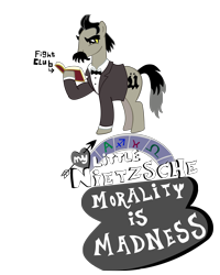 Size: 2409x3012 | Tagged: safe, artist:jewelsfriend, edit, species:earth pony, species:pony, book, facial hair, fight club, friedrich nietzsche, glare, logo, logo edit, male, moustache, my little x, ponified, reading, simple background, solo, stallion, transparent background, yellow sclera